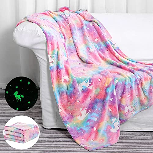 Kunya® Glow in The Dark Blanket for Kids - Pink Star Moon Print, Light Weight Soft Cozy All Season for Baby Boys & Girls (Rainbow, Big) - Image 1