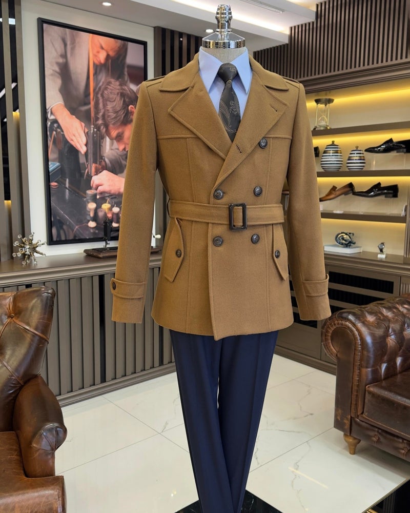Terzi Adem Altun Terziademaltun Italian Style Men's Short Cashmere Trench Coat Jacket Brown T10075  - Image 1