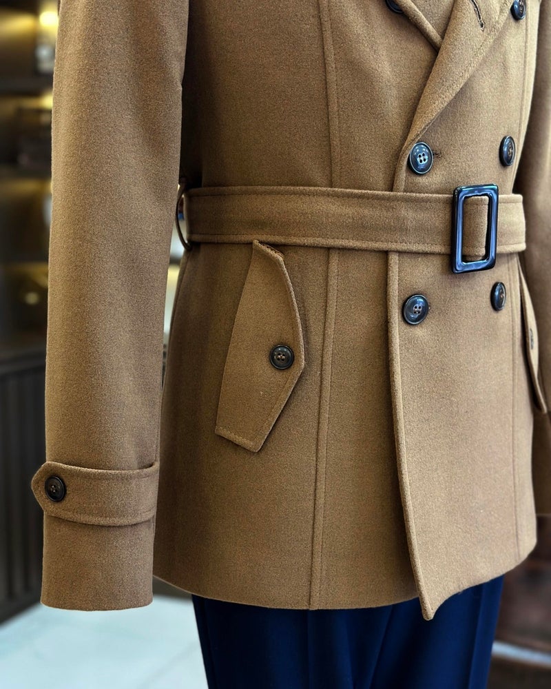 Terzi Adem Altun Terziademaltun Italian Style Men's Short Cashmere Trench Coat Jacket Brown T10075  - Image 2