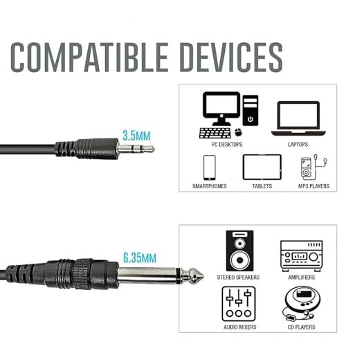 KEBILSHOP 6.35 mm Mono male to 3.5 mm Stereo Male Cable For Guitar,Mixers,Amplifier,Smartphone,Laptop.1pc pack,Black (10 Meter/32.8 Feet) - Image 2