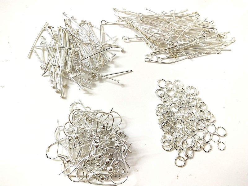 advancedestore Silver Jewellery Making Kit of Head pins Eyepins Jump Rings Ear Hooks Clasps Pack of 100 Each