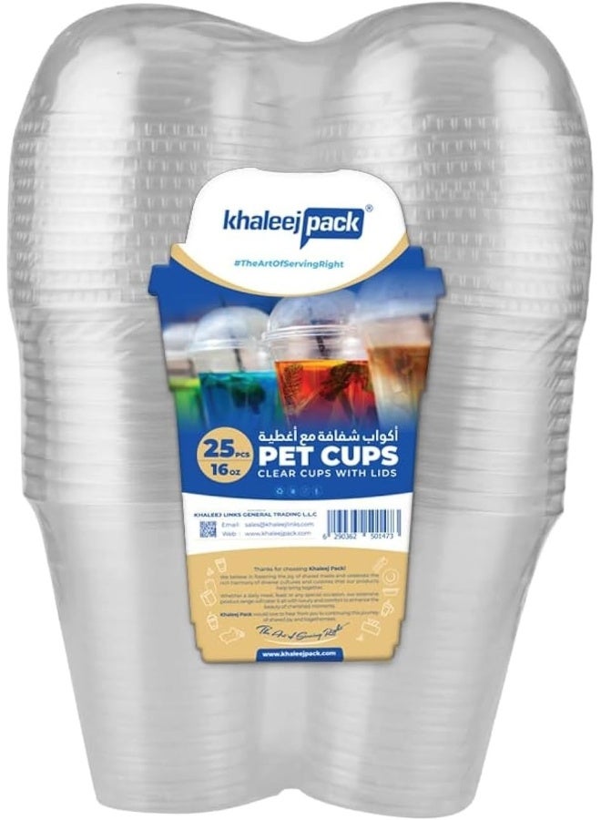 أكواب عصير بلاستيكية شفافة سعة 16 أونصة، 25 قطعة، أكواب بت غطاء قابلة للتصرف