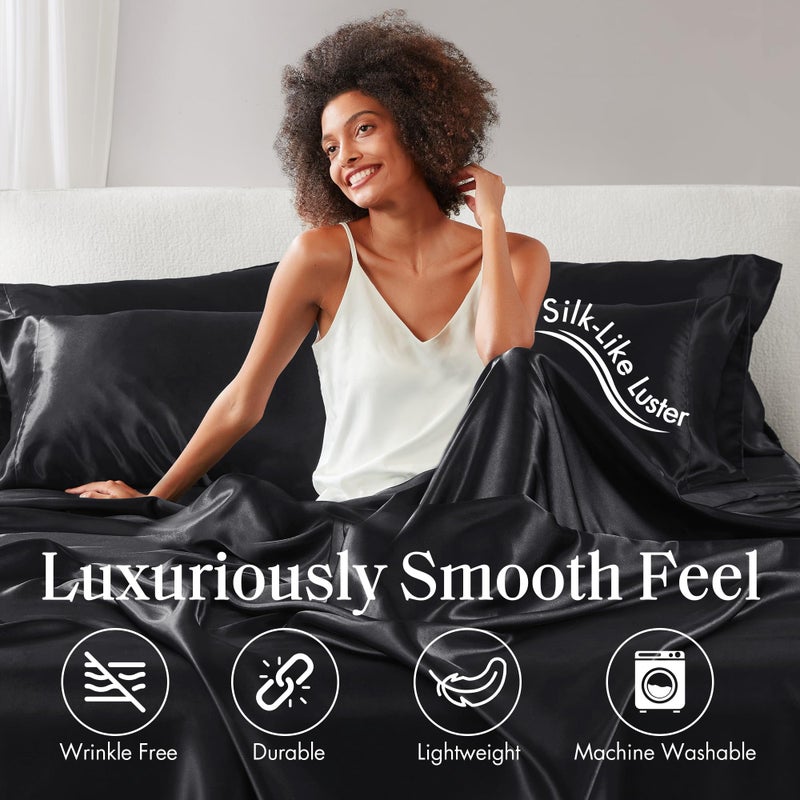 Madison Park Essentials Madison Park Satin Queen Size, Luxurious Silky Bed Sheets, Elastic 16" Pocket fits up to 16" Mattress, Wrinkle-Free, Soft Satin Bed Sheet Set, Black 6 Piece - Image 4