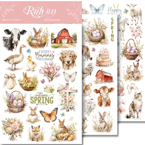 CATaireen Spring Easter Crafts Rub On Transfers Sticker Vintage Floral Farm Rabbit Cow Decal DIY Egg Cute Bunny Use for Fabric Clay Paper Wood Holiday Scrapbooking Embellishments Larger 3 Sheets - Image 1