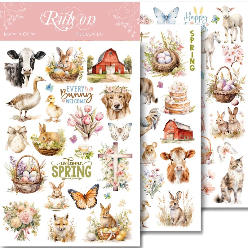 CATaireen Spring Easter Crafts Rub On Transfers Sticker Vintage Floral Farm Rabbit Cow Decal DIY Egg Cute Bunny Use for Fabric Clay Paper Wood Holiday Scrapbooking Embellishments Larger 3 Sheets - Image 3