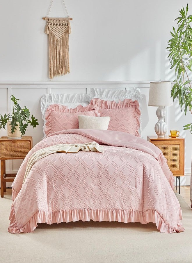 Flysheep Tufted Ruffle Comforter Set Twin Size, 3 Pieces Blush Pink Ruffled Farmhouse Comforters, Luxury Solid Soft and Embroidery Shabby Chic Boho Bohemian Bedding Set for Girls (1 Comforter + 2 Pillowcases) - Image 1