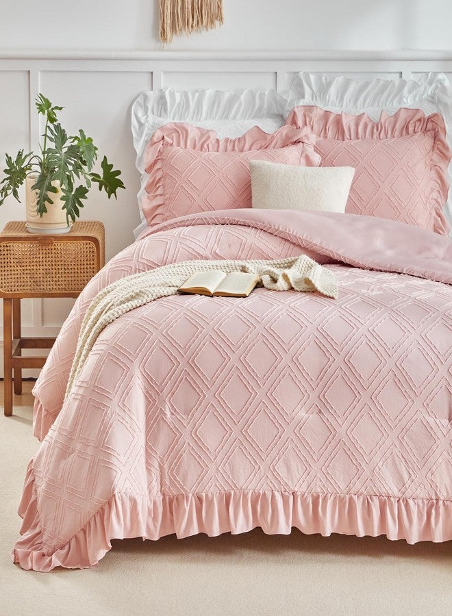 Flysheep Tufted Ruffle Comforter Set Twin Size, 3 Pieces Blush Pink Ruffled Farmhouse Comforters, Luxury Solid Soft and Embroidery Shabby Chic Boho Bohemian Bedding Set for Girls (1 Comforter + 2 Pillowcases) - Image 3