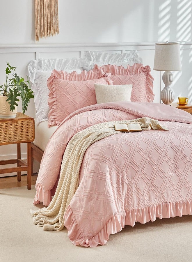 Flysheep Tufted Ruffle Comforter Set Twin Size, 3 Pieces Blush Pink Ruffled Farmhouse Comforters, Luxury Solid Soft and Embroidery Shabby Chic Boho Bohemian Bedding Set for Girls (1 Comforter + 2 Pillowcases) - Image 4