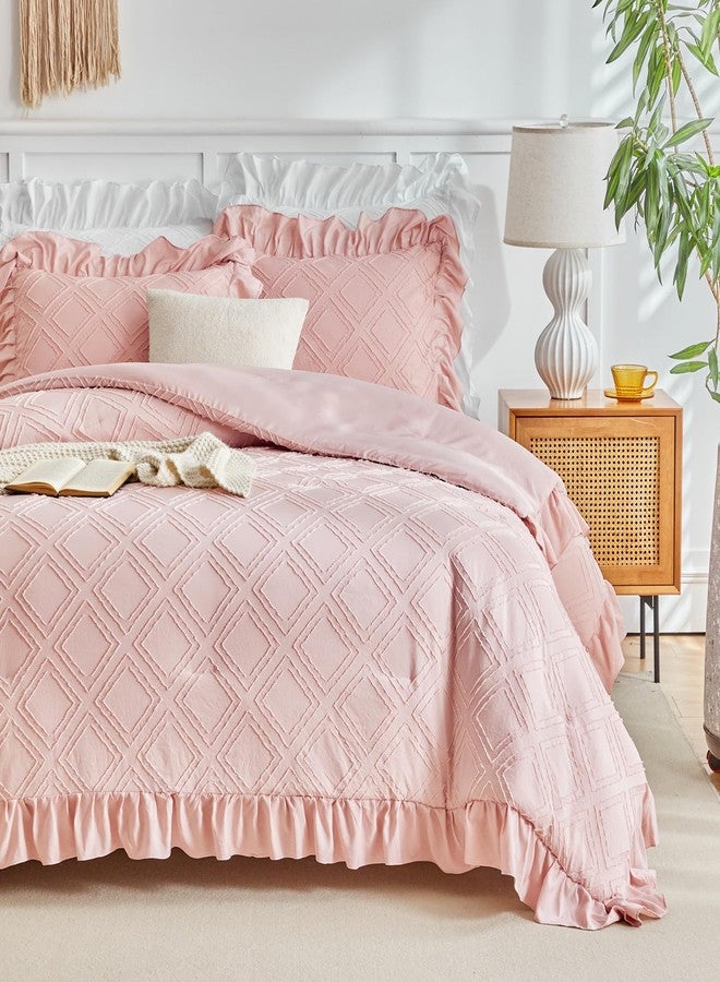 Flysheep Tufted Ruffle Comforter Set Twin Size, 3 Pieces Blush Pink Ruffled Farmhouse Comforters, Luxury Solid Soft and Embroidery Shabby Chic Boho Bohemian Bedding Set for Girls (1 Comforter + 2 Pillowcases) - Image 5