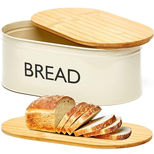 RoyalHouse Premium Metal Bread Box with Bamboo Lid, Stainless Steel Large Bread Bin Storage Container And Organizer for Kitchen Countertop, Vintage Style Kitchen Decor - Image 1