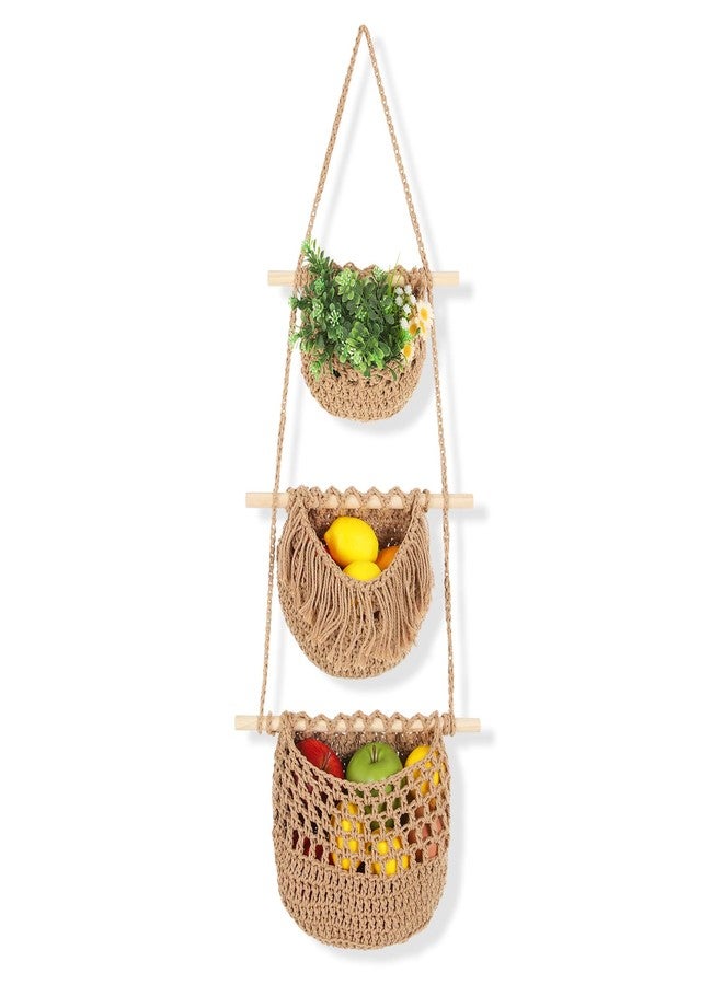 mekueeex 3 Tier Hanging Fruit Basket, Wall Hanging Vegetable Fruit Baskets Cotton Woven Storage Baskets for Organizing, BOHO Wall Basket Decor, Over the Door Organizer for Kitchen, Bedroom, Bathroom - Image 1