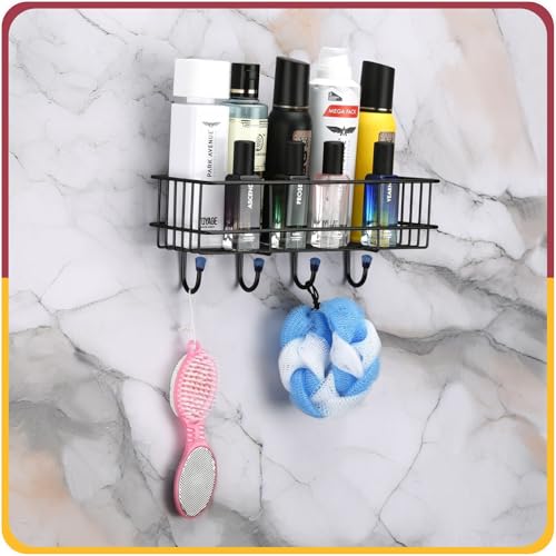 Amiraj Wall Mounted Self-Adhesive Bathroom Organizer | No Drill Kitchen Rack | Rectangular Corner Shelf for Bathroom & Kitchen Accessories | GI Metal with Powder Coated Finish, Black (Pack of 1) - Image 2