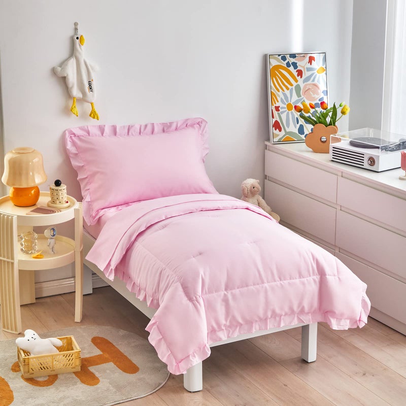 4 Pieces Pink Toddler Bedding Set with Ruffle Fringe Solid Color Toddler Bed Set  1 Toddler Comforter  1 Fitted Sheet 1 Flat Sheet 1 Pillowcase for Baby Boys and Girls