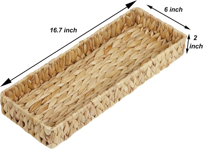 ORDELITE Bathroom Vanity Tray, 16.7 Inch Water Hyacinth Toilet Tank Baskets, Long Wicker Counter Tray for Paper Hand Towel, Bathroom Counter Organizer for Decor Coffee Table (16.7" x 6" x 2") - Image 3