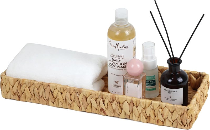 ORDELITE Bathroom Vanity Tray, 16.7 Inch Water Hyacinth Toilet Tank Baskets, Long Wicker Counter Tray for Paper Hand Towel, Bathroom Counter Organizer for Decor Coffee Table (16.7" x 6" x 2") - Image 1