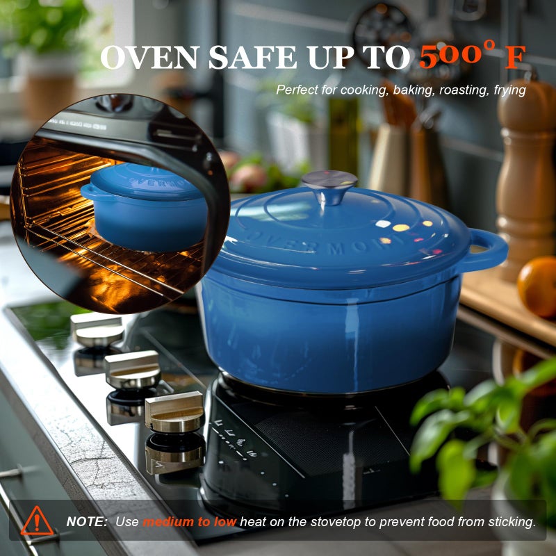 Overmont Enameled Cast Iron Dutch Oven - 4.5QT Pot with Lid Cookbook & Cotton Potholders - Heavy-Duty Cookware for Braising, Stews, Roasting, Bread Baking blue - Image 4