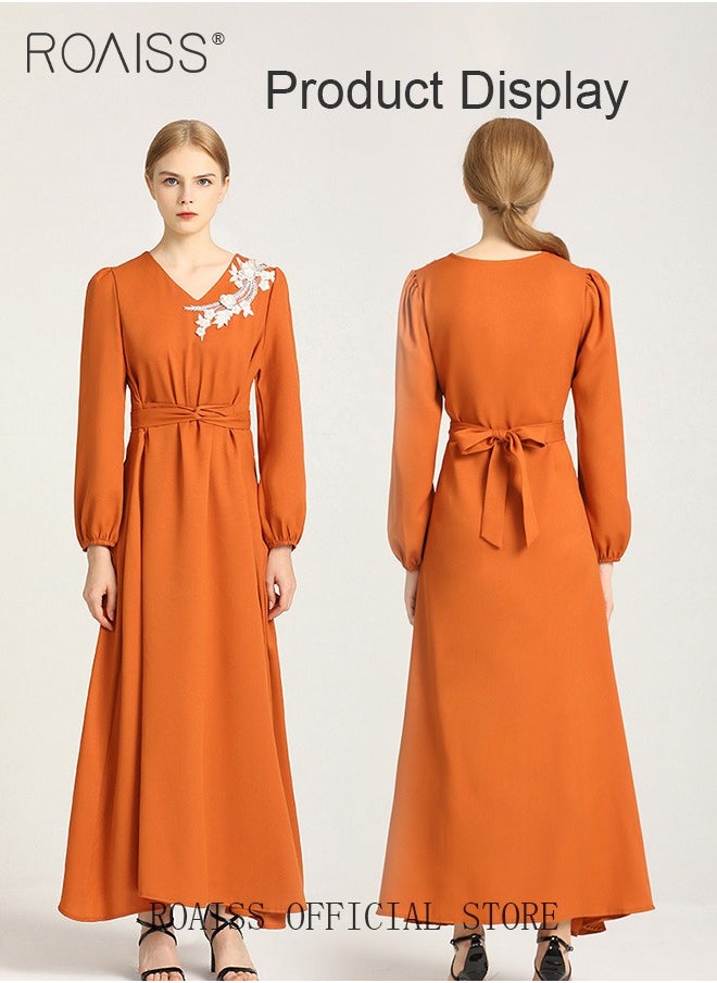 Women's Dress V-Neck  A-Line Waist-Slimming Thin Three-Dimensional Applique Long-Sleeved  Embroidered  Mid-Rise Dress for Ladies Elegant Temperament Casual Outfit