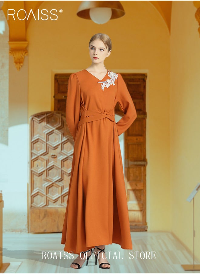 Women's Dress V-Neck  A-Line Waist-Slimming Thin Three-Dimensional Applique Long-Sleeved  Embroidered  Mid-Rise Dress for Ladies Elegant Temperament Casual Outfit