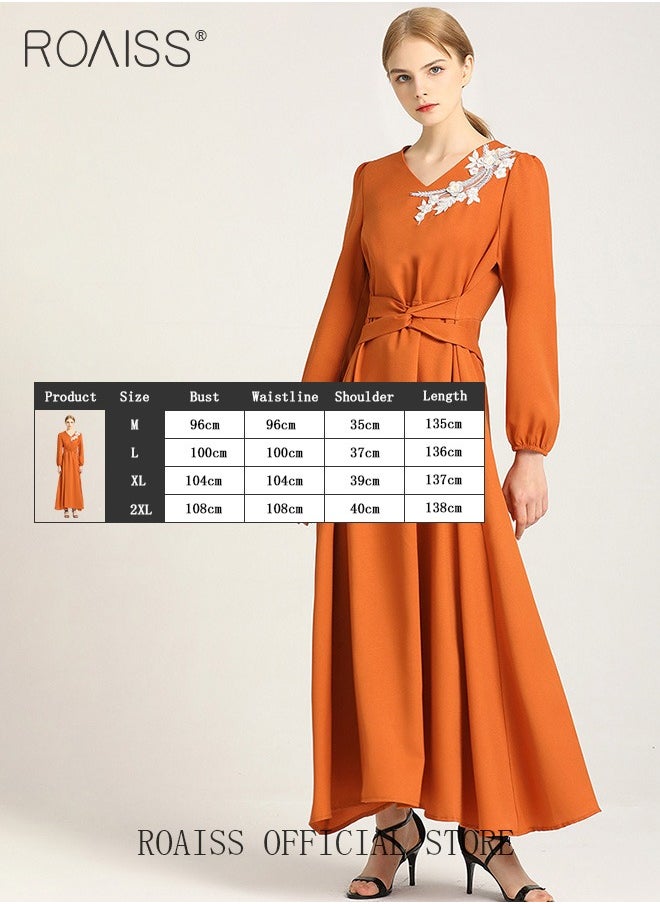 Women's Dress V-Neck  A-Line Waist-Slimming Thin Three-Dimensional Applique Long-Sleeved  Embroidered  Mid-Rise Dress for Ladies Elegant Temperament Casual Outfit