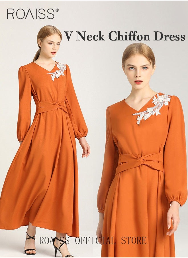 Women's Dress V-Neck  A-Line Waist-Slimming Thin Three-Dimensional Applique Long-Sleeved  Embroidered  Mid-Rise Dress for Ladies Elegant Temperament Casual Outfit