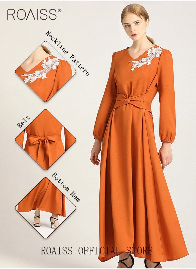 Women's Dress V-Neck  A-Line Waist-Slimming Thin Three-Dimensional Applique Long-Sleeved  Embroidered  Mid-Rise Dress for Ladies Elegant Temperament Casual Outfit