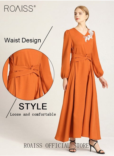 Women's Dress V-Neck  A-Line Waist-Slimming Thin Three-Dimensional Applique Long-Sleeved  Embroidered  Mid-Rise Dress for Ladies Elegant Temperament Casual Outfit