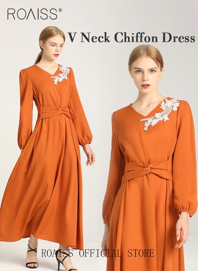 roaiss Women's Dress V-Neck  A-Line Waist-Slimming Thin Three-Dimensional Applique Long-Sleeved  Embroidered  Mid-Rise Dress for Ladies Elegant Temperament Casual Outfit  - Image 1