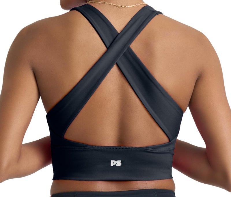 POPSUGAR Long Line Sports Bra Women, Workout Crop Tops for Women Longline Criss Cross Gym Yoga Tops with Built in Bra for Running Pilates Black Night, Medium - Image 1