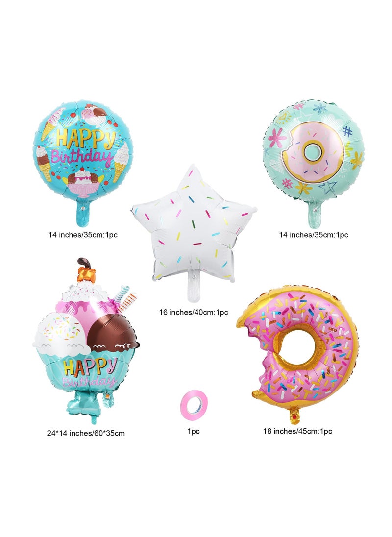 Generic - Donut Birthday Party Decorations for Girls - 5Pcs Sweet Donut and Ice Cream Foil Balloons, Perfect for Happy Birthday Celebrations for Kids and Women. - Image 1
