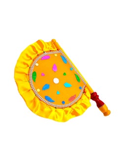 Genericc Velvet Cloth Hand Made Beautiful Traditional Yellow Color Hand Fan with Wooden Handle Work for Cool Air Home Decor Travel use 