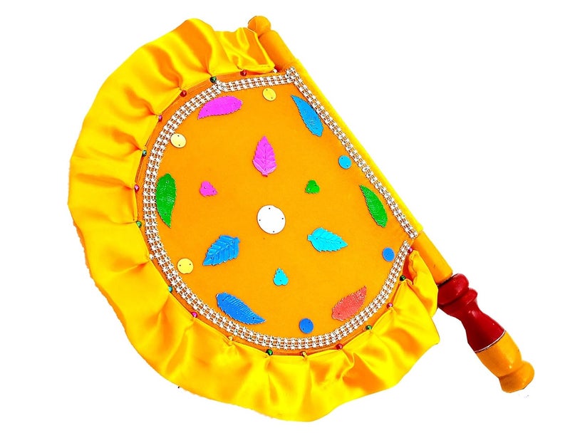 Genericc Velvet Cloth Hand Made Beautiful Traditional Yellow Color Hand Fan with Wooden Handle Work for Cool Air Home Decor Travel use 