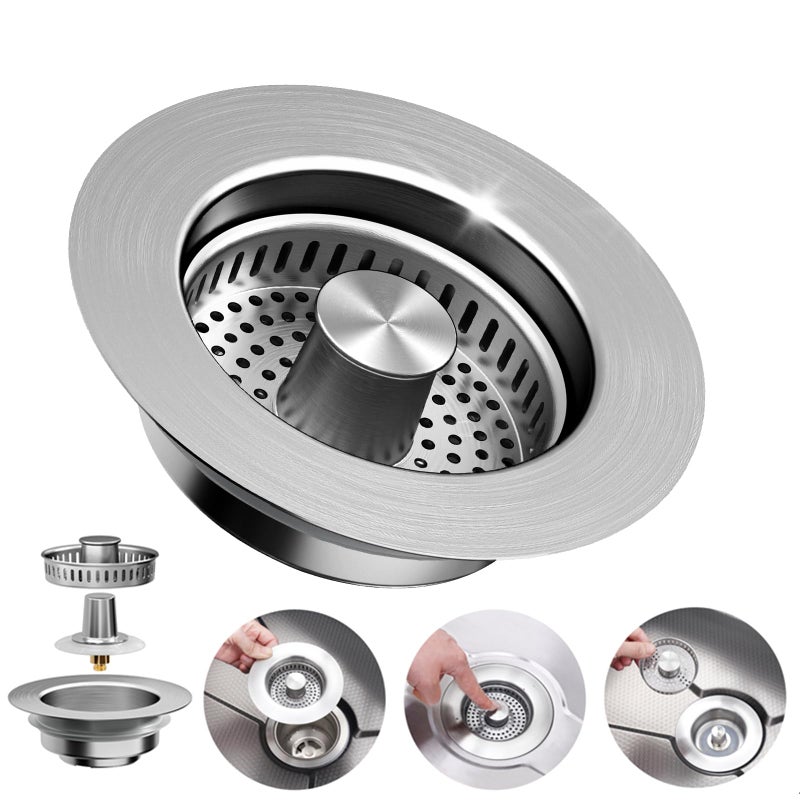 WERMARS 3in1 Kitchen Sink Drain Strainer Pop Up Sink Stopper Stainless Steel Sink Drain Strainer Kitchen Sink Stopper Drain Plug with AntiClogging BasketSink Strainer Fits US Standard 312 Drains - Image 2