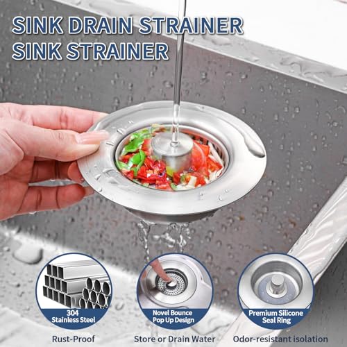 WERMARS 3in1 Kitchen Sink Drain Strainer Pop Up Sink Stopper Stainless Steel Sink Drain Strainer Kitchen Sink Stopper Drain Plug with AntiClogging BasketSink Strainer Fits US Standard 312 Drains - Image 3