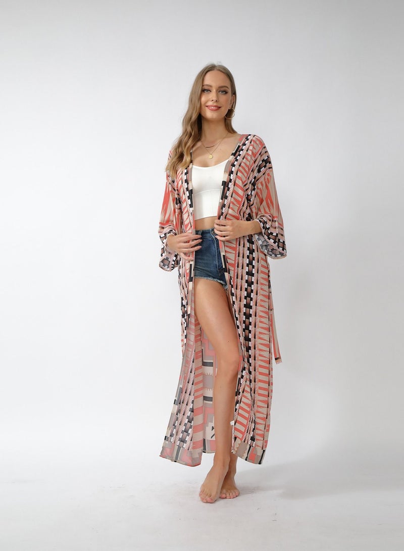 Loquat Geometric Printed Cardigan Loose Beach Sunscreen Cardigan - Image 1