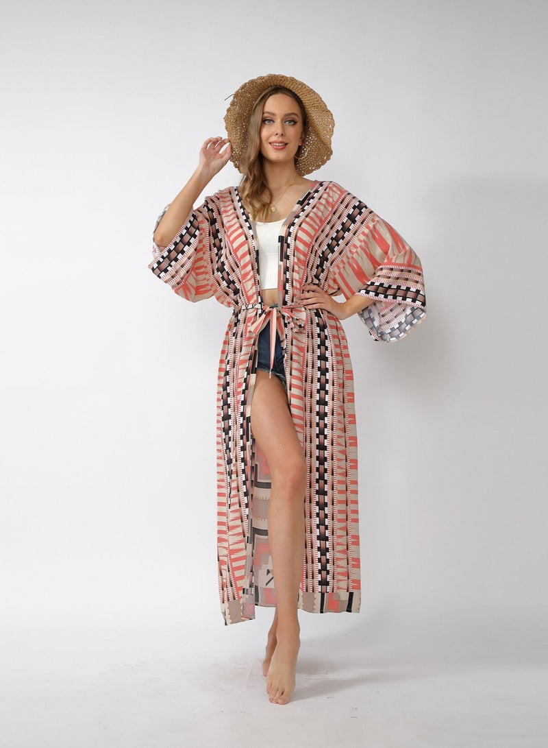 Loquat Geometric Printed Cardigan Loose Beach Sunscreen Cardigan - Image 3