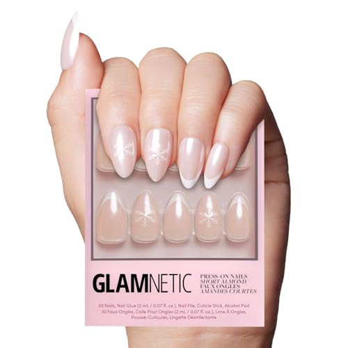 Glamnetic Press On Nails - Winter Glaze | Glossy, Short Almond French Tip Nails with Snowflake Accents, Salon Quality | 15 Sizes - 30 Nail Kit with Glue - Image 1
