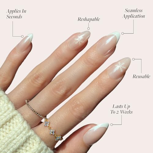 Glamnetic Press On Nails - Winter Glaze | Glossy, Short Almond French Tip Nails with Snowflake Accents, Salon Quality | 15 Sizes - 30 Nail Kit with Glue - Image 3
