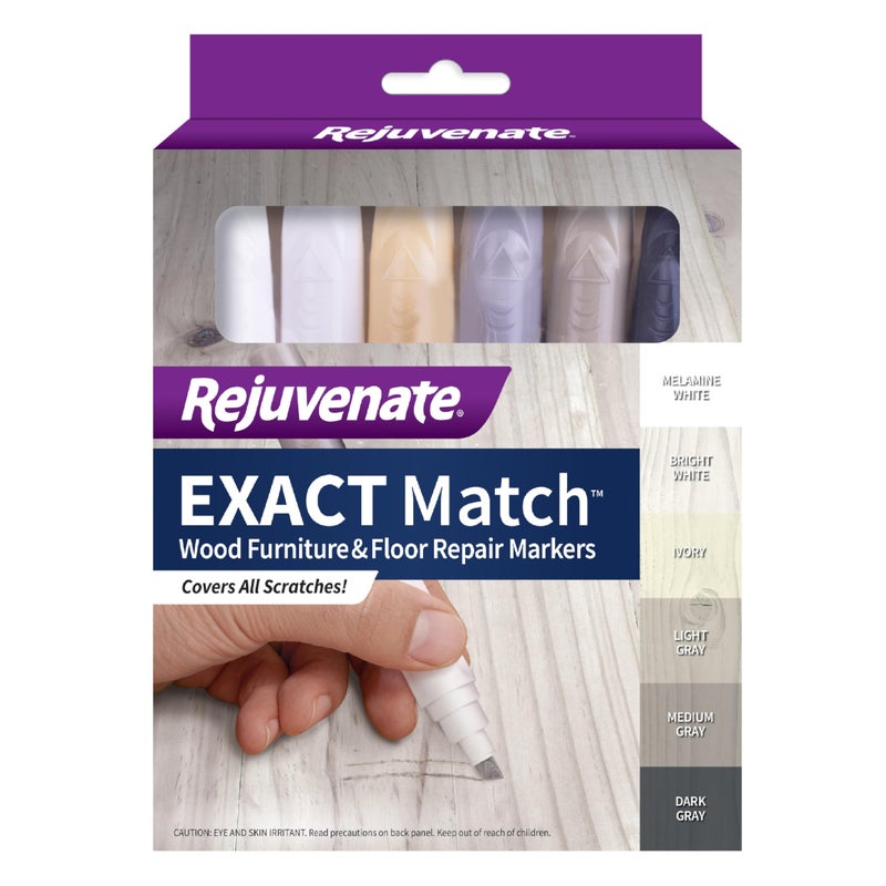Rejuvenate Exact Match Wood Furniture & Floor Repair Markers, 6 Count, White/Gray Markers Cover All Scratches, Scuffs and Damage to Wood Furniture and Flooring - Image 1