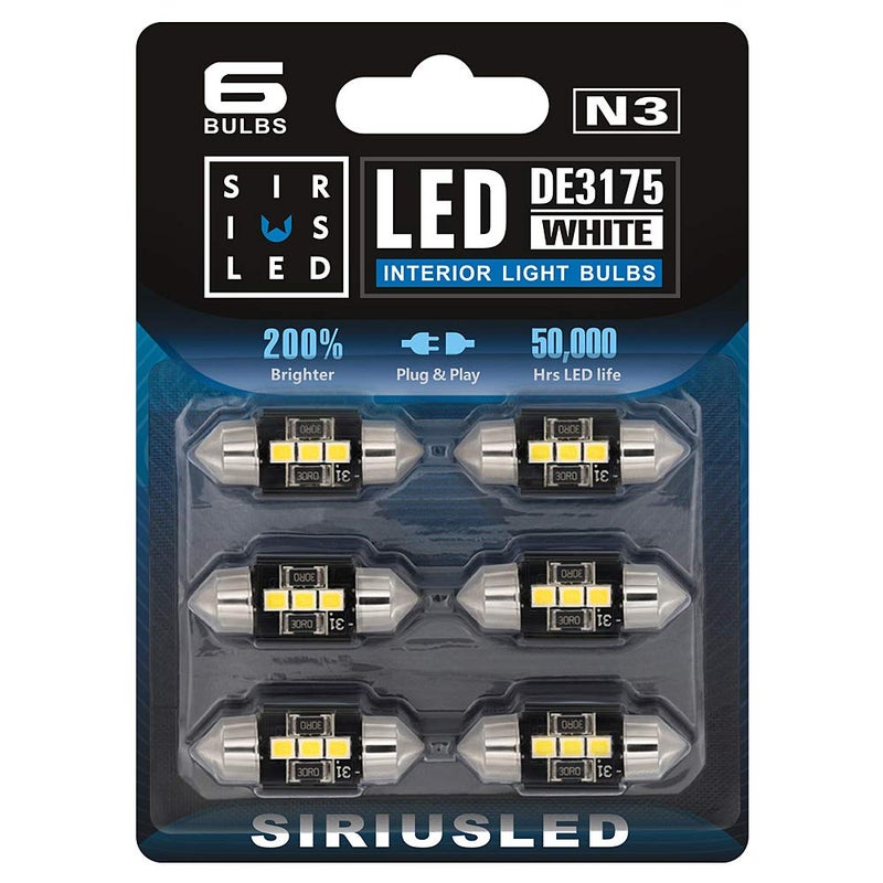 SIR IUS LED N3 DE3175 LED bulbs Pure white Super Bright LED Festoon 300 Lumens 3030 Chipset for Car Truck Interiors Dome Map Door Courtesy Lights 125 31MM Festoon Pack of 6 Bulbs