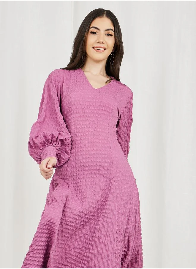 Styli Shirred Textured A-Line Midi Dress