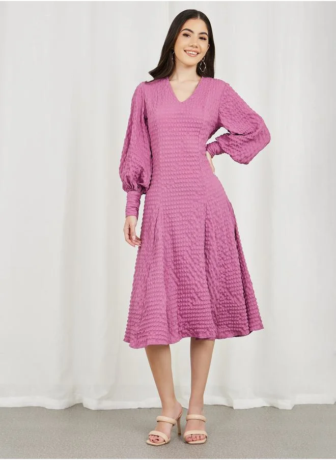Styli Shirred Textured A-Line Midi Dress