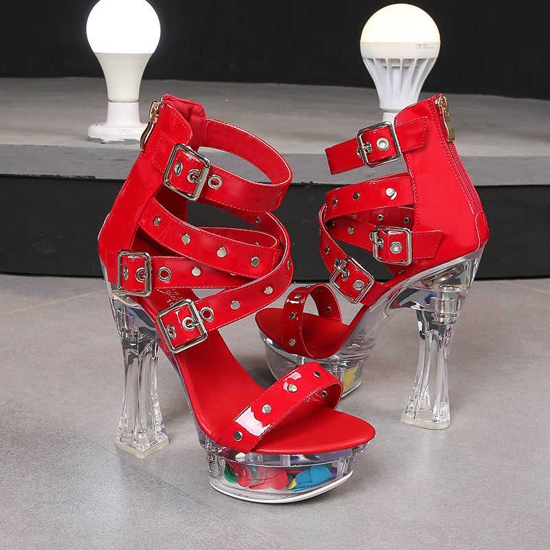 10365-30 Transparent Model Rivet Pull Even Roman Sandals High Heel 14Cm Thin Heel Summer Waterproof Platform - Image 5