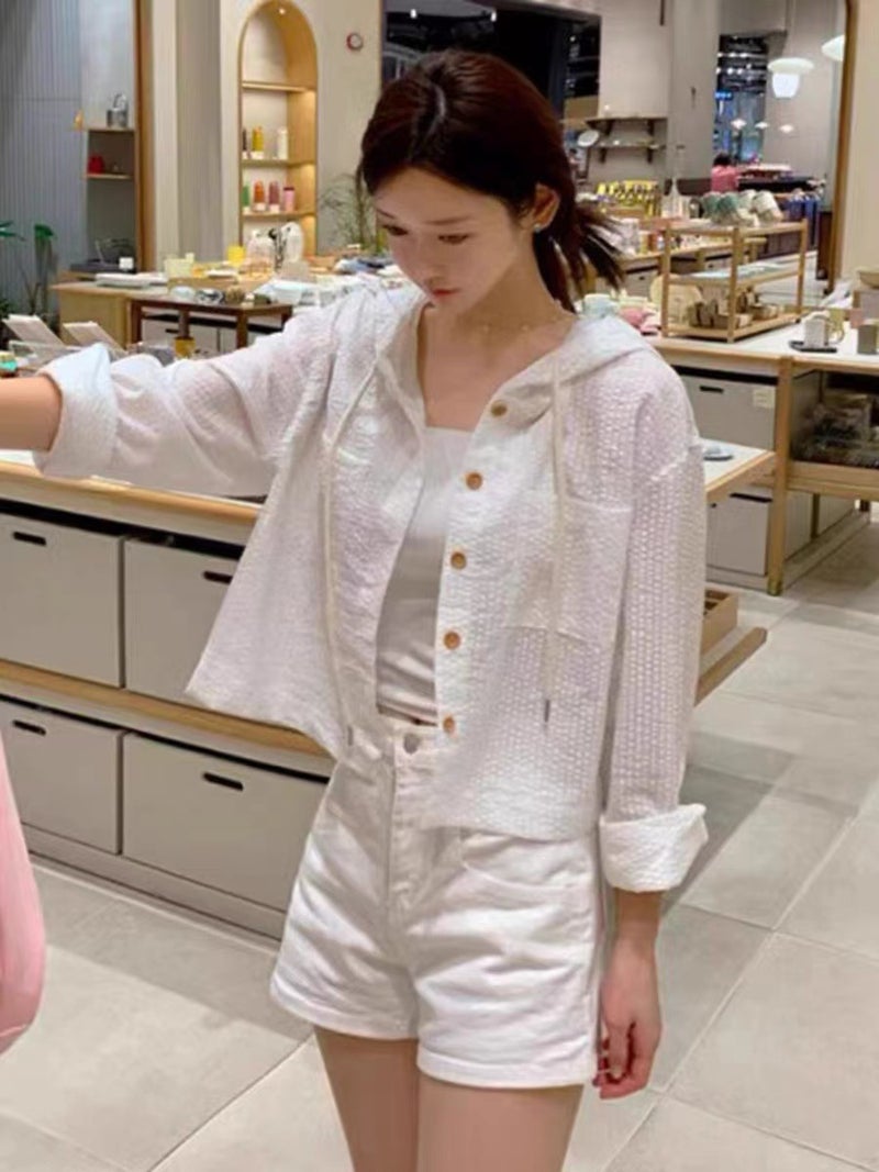 Generic Korean Style Chic Summer Elegant All-Match Single-Breasted Striped Contrast Color Short Loose Long-Sleeved Sunscreen Hooded Shirt for Women Light blue - Image 2