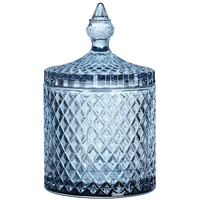 DIAMOND FACETED CRYSTAL GLASS CANDY JAR WITH LID 18OZ BLUE DECORATIVE JAR NUT JAR DRIED FRUIT STORAGE JAR