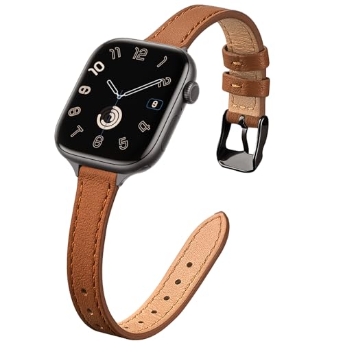 STIROLL Slim Leather Bands Compatible with Apple Watch Band 38mm 40mm 41mm 42mm(Series 11 10), Top Grain Leather Watch Thin Wristband for iWatch SE 9 8 7 6 5 4 3 2 1 (Brown Black) - Image 1