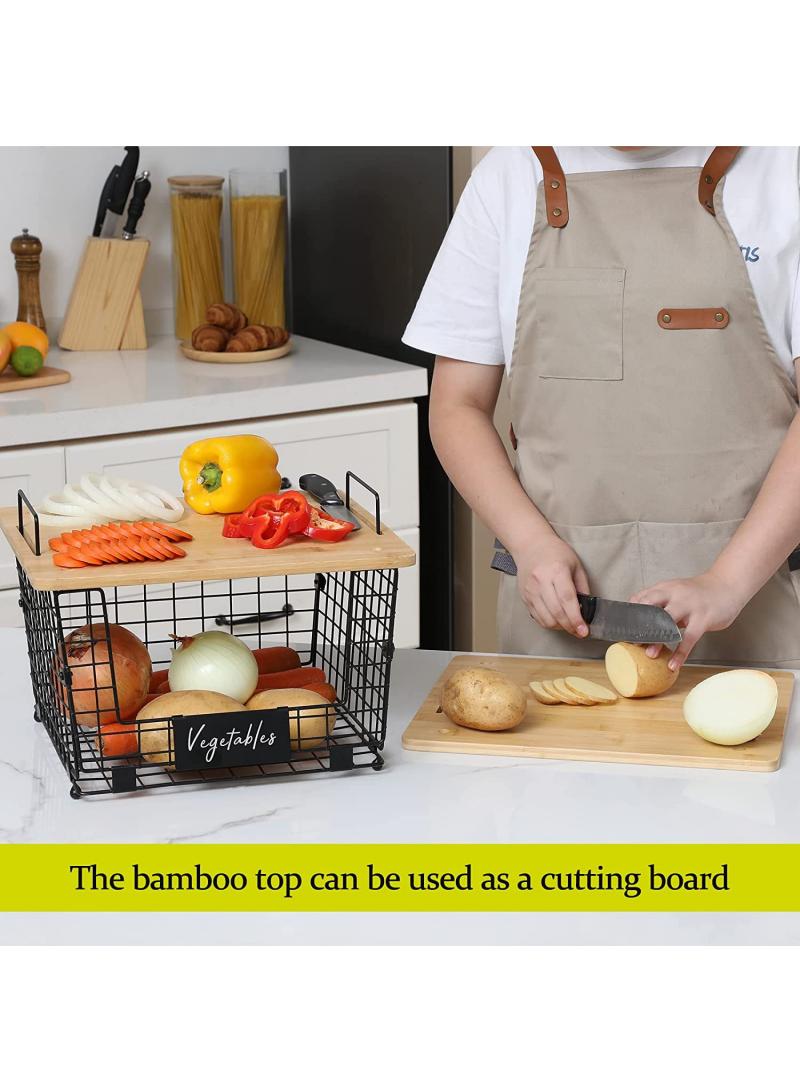 Stackable Wire Basket With Bamboo Cutting Board  Top Pantry Kitchen Counter Organization And Storage Cabinet Shelf Countertop Space Saving Organizing Produce Fruit Potato Bread Organizer - Image 2