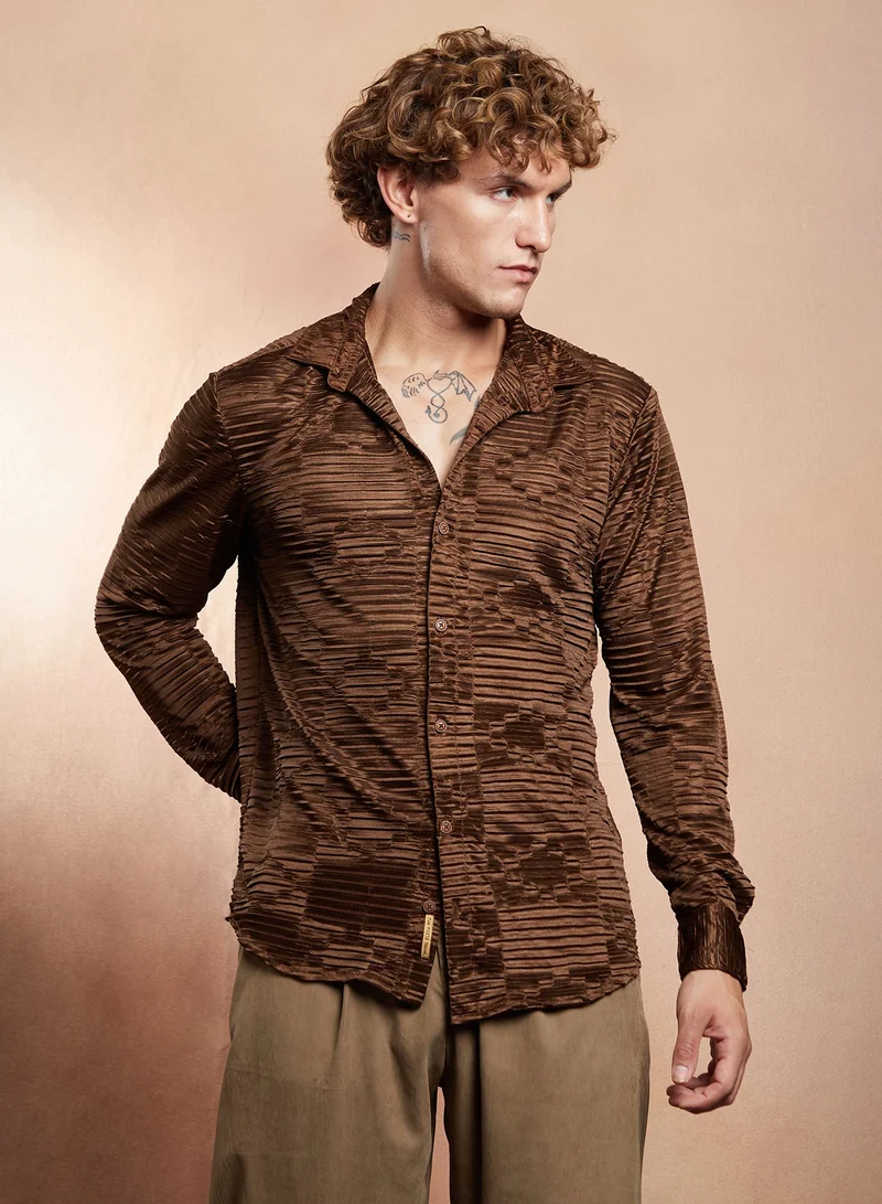 Campus Sutra Men's Chocolate Brown Pleated-Rhombus Shirt