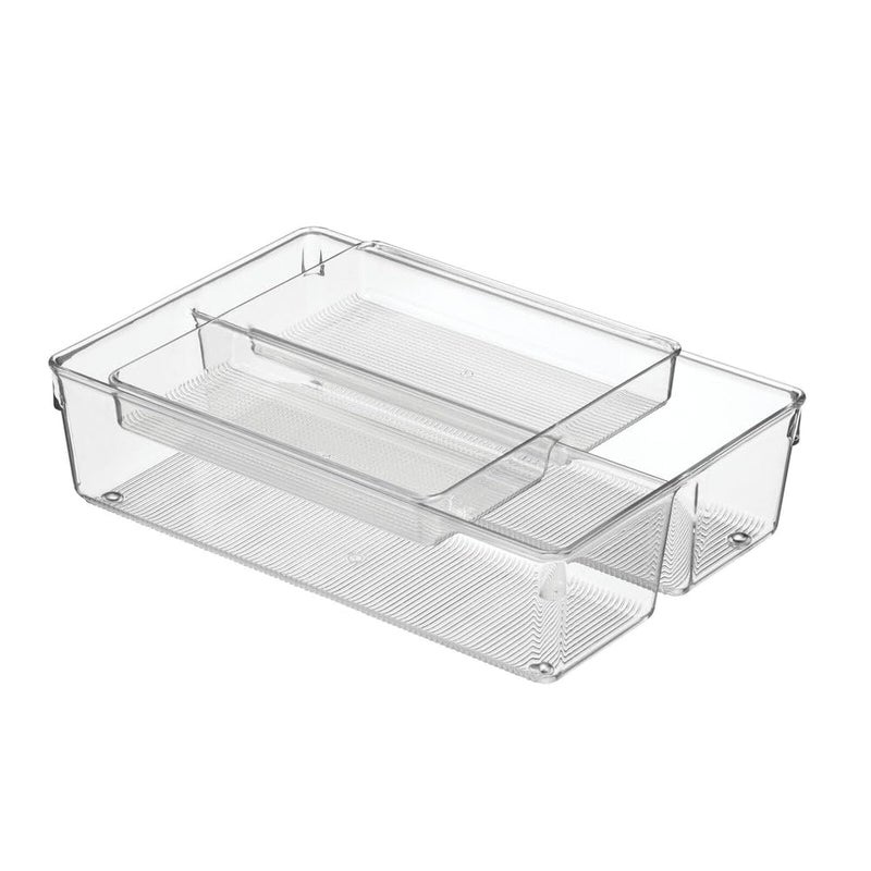 mDesign Plastic Stackable Kitchen Storage Drawer Organizer Bin with 2-Tier Tray for Cabinet, Pantry, Drawer, Refrigerator, Freezer - Hold Utensils, Flatware, Appliances - Ligne Collection - Clear - Image 1