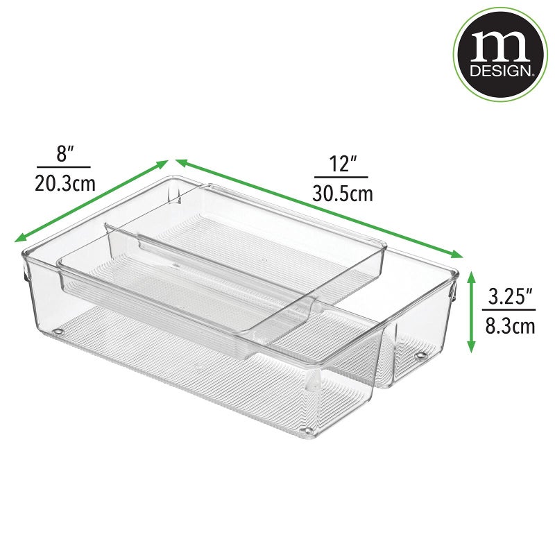 mDesign Plastic Stackable Kitchen Storage Drawer Organizer Bin with 2-Tier Tray for Cabinet, Pantry, Drawer, Refrigerator, Freezer - Hold Utensils, Flatware, Appliances - Ligne Collection - Clear - Image 2