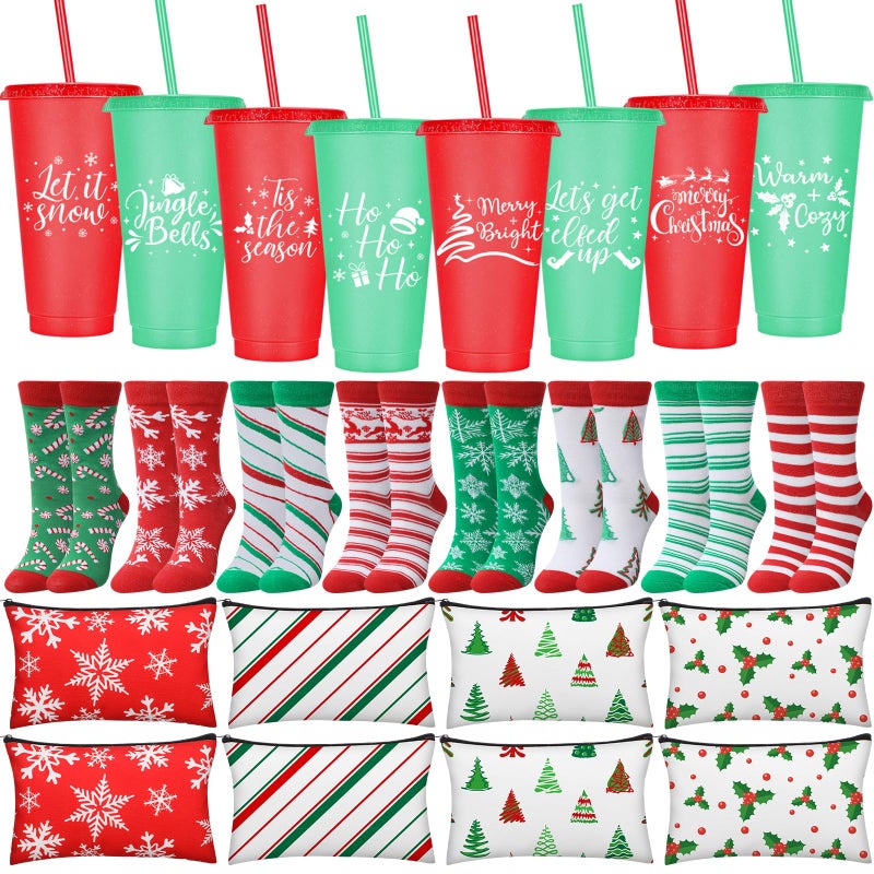 Vesici 24 Pcs Christmas Gifts Sets for Women and Men Include 24 oz Plastic Tumblers Cup with Lids and Straws Christmas Makeup Bags Novelty Xmas Santa Socks for Xmas Party Gifts - Image 2